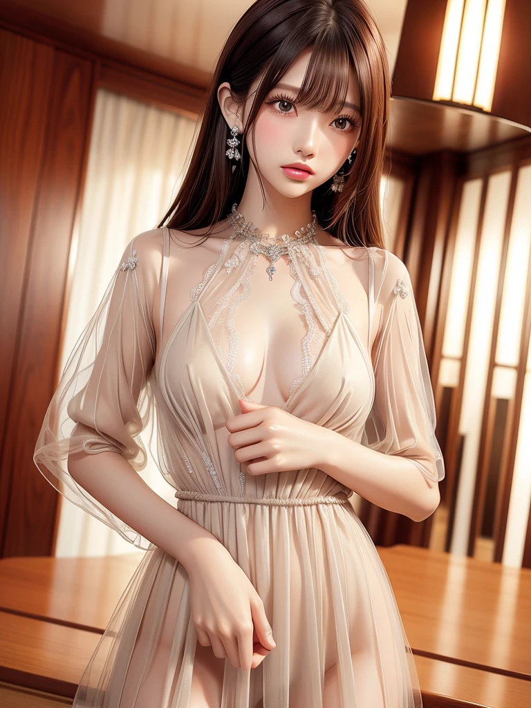 ((Highest quality)),(Ultra-high resolution),(Very detailed),(Detailed Description),((The best CG)),(masterpiece),Highly detailed art、Small breasts、(((See-through dress 1.5)))、hair ornaments、Tie your hair、Sparkly necklace、Ultimate Beauty 1.5、(((Cover your chest with both hands 1.5)))Blonde Hair Color、Smiling gently 1.2、、A different world、