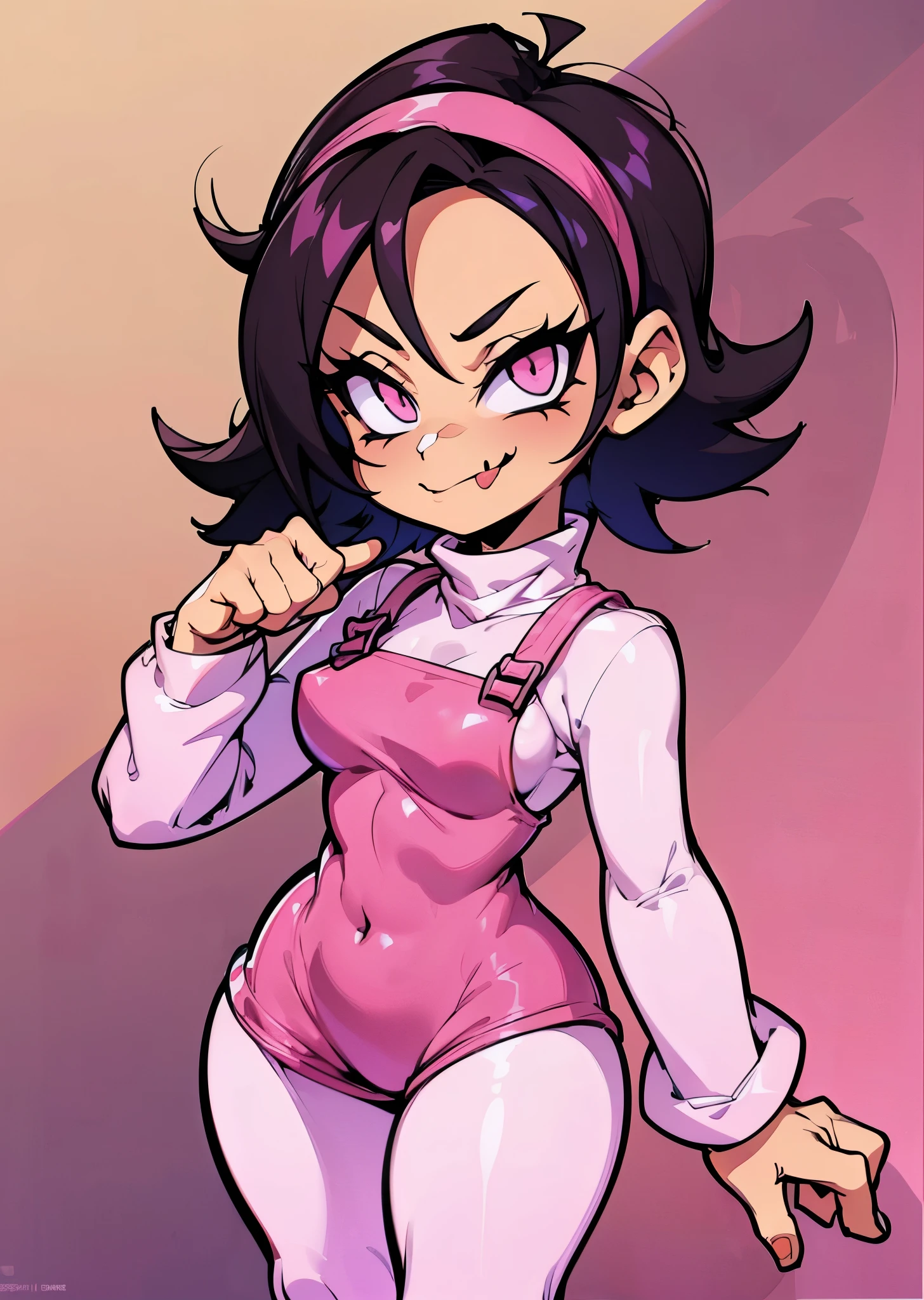 [nene], [newgrounds], ((masterpiece)), ((HD)), ((high res)), ((solo portrait)), ((full body)), ((front view)), ((detailed shading)), ((cartoon aesthetic)), ((chibi style)), {slim attractive figure, tan skin, cute white eyes, short black hair, short eyelashes, small breasts, curvy hips, beautiful legs, cute tongue}, {(hot-pink overall dress, long sleeve turtleneck shirt, pink leggings, pink headband}, {(mischievous smirk)}, {(tongue out), (looking at viewer)}, [Background; stylized background, ambient lighting]
