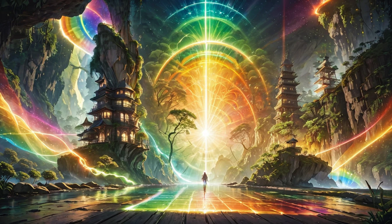 Zion National Park, (Warm Light: 1.2), Light, Lots of green and orange, Intricate details, Volumetric Lighting Break (masterpiece: 1.2), (Highest quality), 4K, Very detailed, (moving composition: 1.4), Rich color and detail, (Rainbow colors: 1.2), (Shine, Atmospheric lighting), dream-like, magic, (alone: 1.2),Chill,Electro,Chillout,