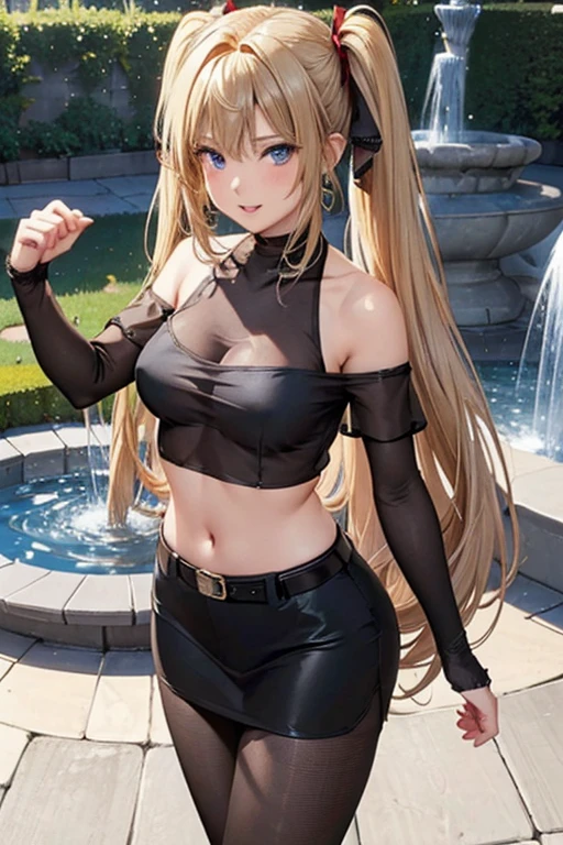 #Basics A girl is posing for a photo, animeのかわいい女の子, (((One Girl, Baby Face, 16 years old))),
BREAK
#Clothing Accessories
((Black high neck sheer mesh top&Black off-the-shoulder:1.4) + White pencil tight skirt:1.4 + Big gold belt:1.4 + Black Pantyhose + Black High Heels),
(big silver necklace, Silver hoop earrings),
BREAK
#Features
(Blonde:1.4, Center-parted bangs:1.4, Chest-length sideburns, Twin tails : Hair fluttering in the wind + Very long hair + Curly, voluminous hair that spreads out to the sides + Red ribbon),
(Droopy eyes,blue eyes), (Small breasts),
BREAK
#expression
(smug face, Wicked Smile),
#background environment
((noon, Sunshine + garden + fountain + Plants)),
#composition
(Face the viewer:1.4, Aggressive Pose, Cowboy Shot:1.4),
BREAK
#Body parts elements
(Beautiful Hair,Shiny Hair),
(double eyelid, Long eyelashes),
(Expression of fine eyes, Beautiful and delicate eyes, Sparkling eyes, Eye Reflexes),
(Human Ear),
(Beautiful Nose, Thin Nose),
(Glossy lips, Beautiful Lips, Thick lips), (Symmetrical facial features),
(Detailed skin, Textured skin, Beautiful Skin),
BREAK
#Quality
(((Highest quality)), ((masterpiece)), ((Very detailed))), ((High resolution), (16k,1080p)),
(Realistic), (Anatomically correct),
((comics, anime)), (3DCG), CG illustration,