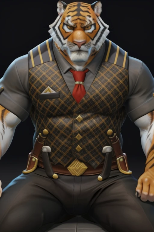 a muscular man with yellow eyes, glaring at the viewer, tiger tail, (pinned down), (pose), (soft shadows), 4k, empty background, ((extremely detailed face, extremely detailed)), by takahirosi, (through friendship:0.5), shirt, vest, short sleeves, black belt, black pants
