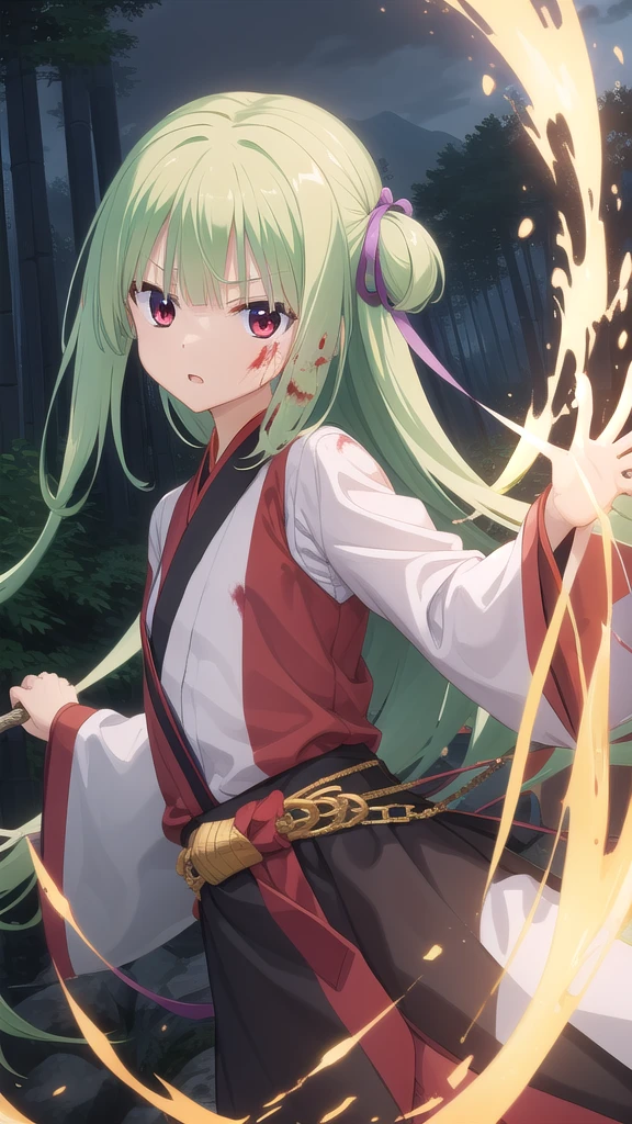 ((masterpiece)),(best quality),Official Art,Extremely detailed CG,Unity 8K wallpaper,Very detailed,Beautiful and delicate eyes,Extremely detailed face,1 girl,solitary,,(whole body:1.5),(small:1.3),,,Murasame,Very long hair,Green Hair,Face Up,Purple bow,hairpin,Side chains,Bangs,Red Eyes,Neck strap,Red belt,，Long-sleeved hanfu，Wearing Hanfu，Martial Saint，Bamboo Forest Sigh，majesty，Blue Dragon Moon Moon，Xing Xu Rulin，Break through the mountains and rivers！The blade trembles thousands of miles away！Blood Trace！Strong Enemy！Fearless of a Hundred Battles！Immortal Fighting Spirit，Righteousness thin clouds！The bamboo forests in Shu are lush and green，Martial Saint盘坐其中。Strong EnemyFearless of a Hundred Battles，提刀上马Blood Trace。The spirit behind him raised his sword forward，It seems that thousands of cavalry are rushing towards us.。桃园结Righteousness thin clouds，Crescent Moon Blue Dragon Blade Cold，Legendary Skins