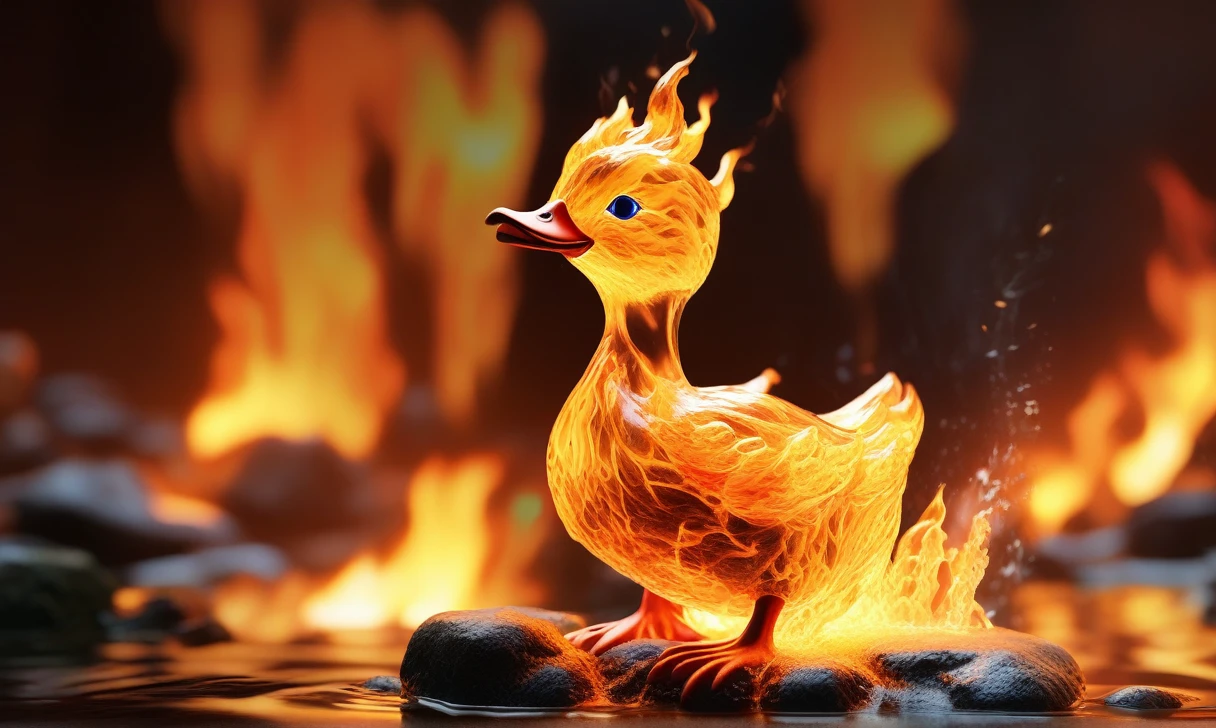 a transparent fire elemental duck made of (firecd_xl,raging flames:1.2,burning) in hell,fire eyes,fire hairs,fire body,splash fire,no humans,long-focus,tilt-shift,outdoors,on molten rock,full body,chinese zodiac,cutie,cute,still life,front view,facing viewer,looking at viewer,ethereal fantasy concept art,magnificent,epic,majestic,magical, emotional,harmonious,high budget,moody,epic,gorgeous,perfect lighting,realistic,photorealistic,photographic,photo (medium),real,moody lighting,volumetric lighting,reality ray tracing,8K,HDR,UHD,masterpiece,best quality,highly detailed,high resolution,finely detail,extremely detailed,ultra detailed,wallpaper