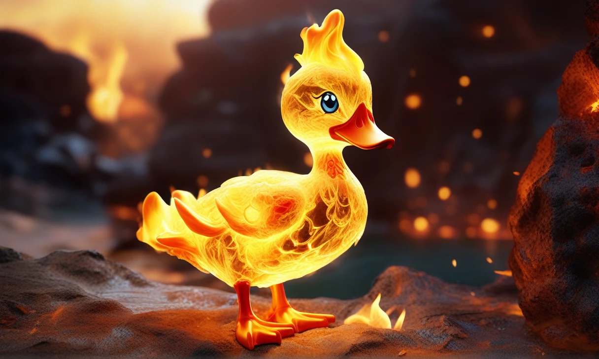 a transparent fire elemental duck made of (firecd_xl,raging flames:1.2,burning) in hell,fire eyes,fire hairs,fire body,splash fire,no humans,long-focus,tilt-shift,outdoors,on molten rock,full body,chinese zodiac,cutie,cute,still life,front view,facing viewer,looking at viewer,ethereal fantasy concept art,magnificent,epic,majestic,magical, emotional,harmonious,high budget,moody,epic,gorgeous,perfect lighting,realistic,photorealistic,photographic,photo (medium),real,moody lighting,volumetric lighting,reality ray tracing,8K,HDR,UHD,masterpiece,best quality,highly detailed,high resolution,finely detail,extremely detailed,ultra detailed,wallpaper