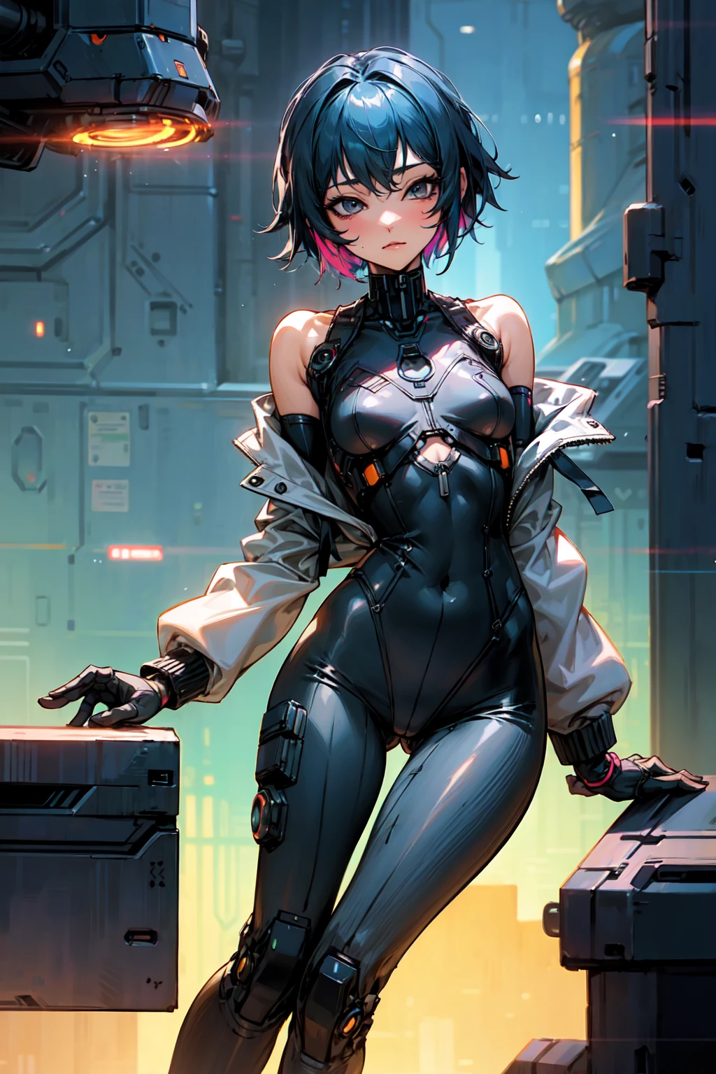 (Highly detailed CG Unity 8k wallpaper), (Super detailed), masterpiece, Highest quality, Lucy (cyber punk), Bodysuits, alone, chest, cyber punk city, Multicolored Hair, short hair, View your viewers, medium chest, black Bodysuits, Grey Eyes, Hip vents, Clothing cutouts, Thigh Gap, Covered navel, White jacket, Bare shoulders, Short shorts, sofa,