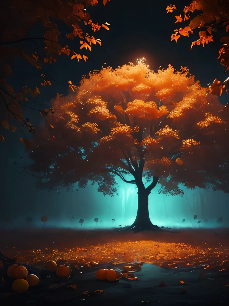there is a tree with oranges growing on it in the fog, a matte painting by Leng Mei, flickr, conceptual art, glowing pumpkins under a tree, gorgeous composition, orange fog, mystical orange fog, beautiful autumn spirit, blue and orange tones, beautiful composition, vibrant but dreary orange, orange mist, ❤🔥🍄🌪, beautiful shot