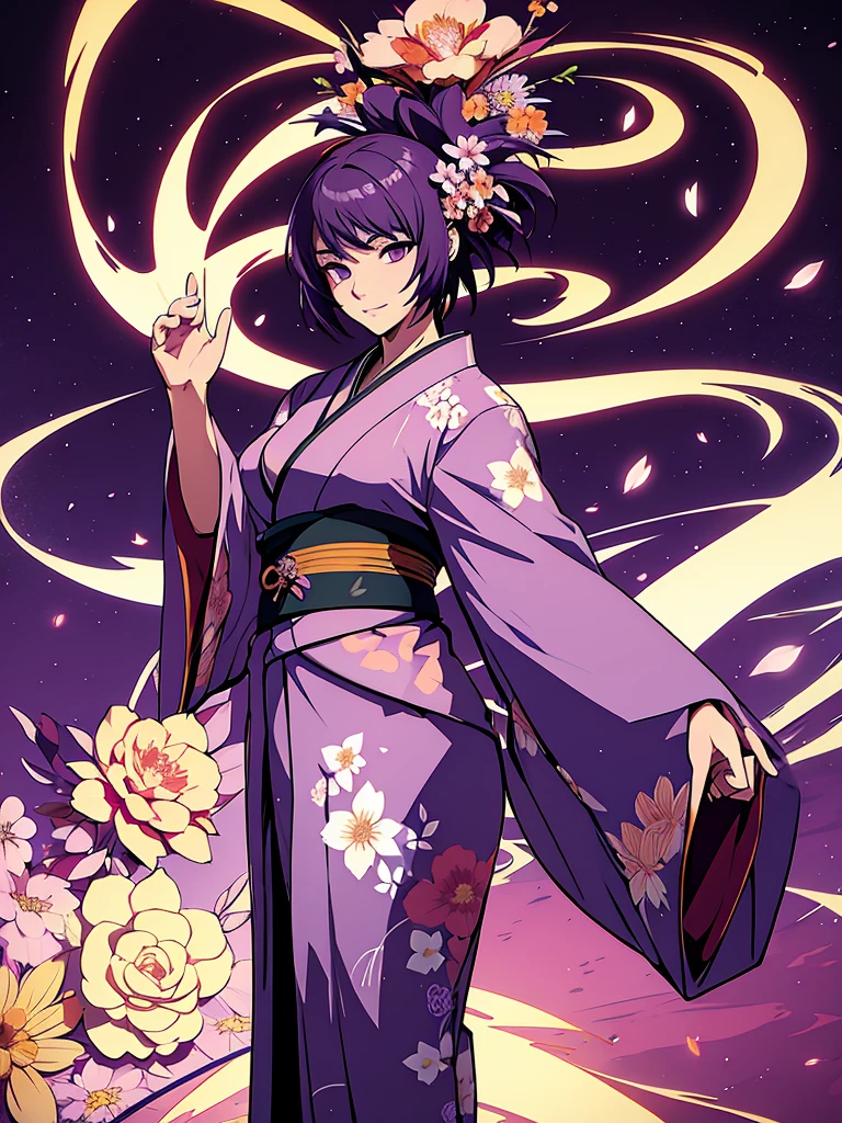 1women, wearing a long kimono, Japanese kimono with flower art, purple colour short hair, 8k, high detailed, high quality
