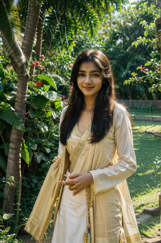 Design an image of a Kerala teen model dressed in a traditional Kerala mundu and blouse, with a radiant smile and a sense of style that exudes confidence. Set the scene with a tranquil backdrop of backwaters, a grassy road, and a coconut tree. Incorporate a palette of calming colors like blue, green, and beige to evoke a sense of serenity