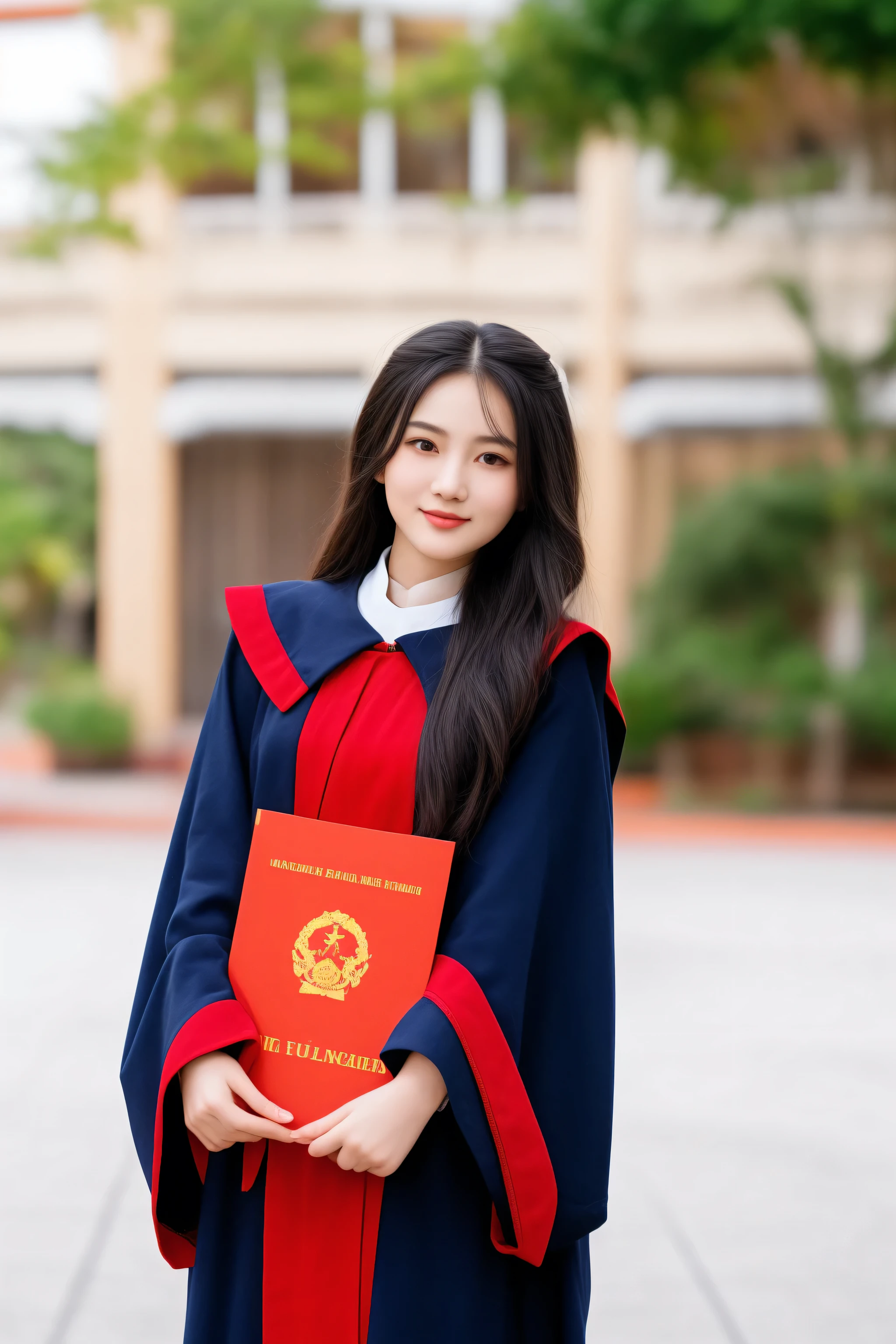 arafed woman in a graduation gown holding a red book, wearing an academic gown, graduation photo, ao dai, mai anh tran, portrait shot, student, miko, dang my linh, mid shot portrait, with cape, hoang long ly, young asian girl, quy ho, medium portrait, a young asian woman, high quality image, vietnamese woman