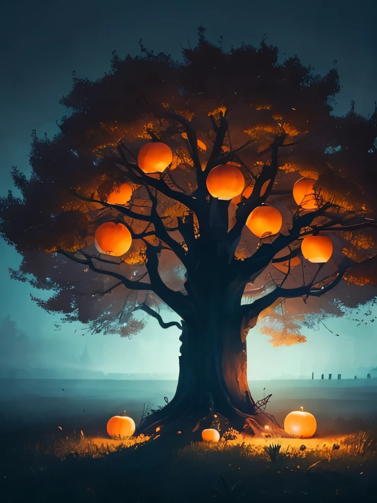 there is a tree with oranges growing on it in the fog, by Leng Mei, by Li Shixing, by Li Fangying, glowing pumpkins under a tree, gorgeous composition, by Li Tang, by Ren Xiong, by Cheng Jiasui, by Li Song, by Shang Xi, by Yan Liben, by Zou Zhe, by Dai Xi