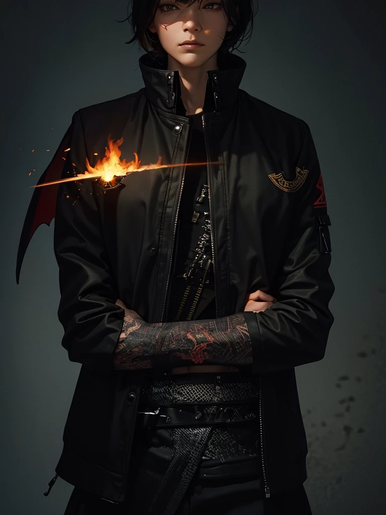 Man, 30 old, leather jacket and black T-short, tattoos , with a bat in his hands, flame 
