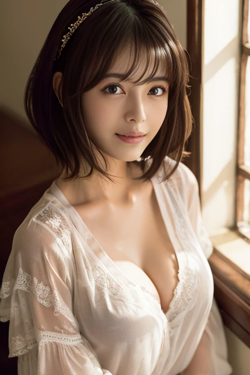 (RAW Photos), (Realistic), (masterpiece), (highest quality), High resolution, 8K resolution, (Intricate details), (Volumetric Light), Portraiture, woman,, short hair, Straight hair, Layered Hair, Brown haired, Highly detailed eyes, Source order, Very thin eyebrows, Highly detailed skin, Highly detailed mouth, Highly detailed nose, Cute like an idol, smile, ((Thick lips)), ((Look at the viewers)), (Elegant blouse)、Cleavage、Cleavage、The color of the clothes is up to you、The color of her underwear is see-through red 、Nipples are visible、