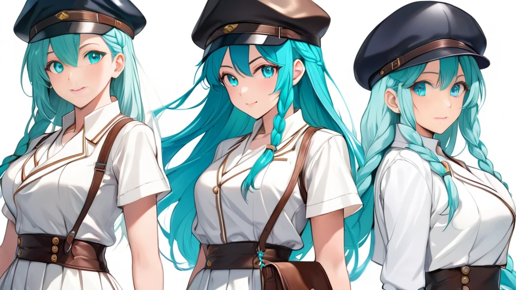 Female, woman, mature, Beautiful, Humble, Kind, long hair upper waist Stright Braided Hairstyles, Aqua blue pupil eyes colour, bright cyan Hairs, leather white wear Newsboy Cap, white dress flowing with skirt, wear leather white female gloves, Anime style, vivid colours, (White backgrounds:1.1)