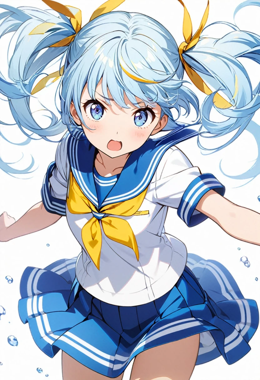 1girl,official art, white background,cowboy shot,blue eyes,twin tail hair,light blue hair,yellow ribbon hair,sailor suit,Looks timid