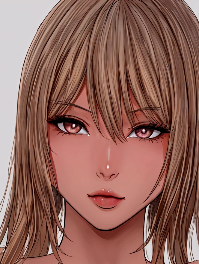 {8k image}, 1beautiful mature woman (MILF, tanned skin), 30 years old, blonde hair, Brown eyes, thin lips, pointed nose, upturned eyes, oval face, {looking directly at the viewer}, {facing forward}, {perfect anatomy}, {image focused only on the face and breats}, manga art style, extremely detailed lineart, manga Splash page, vivid colors