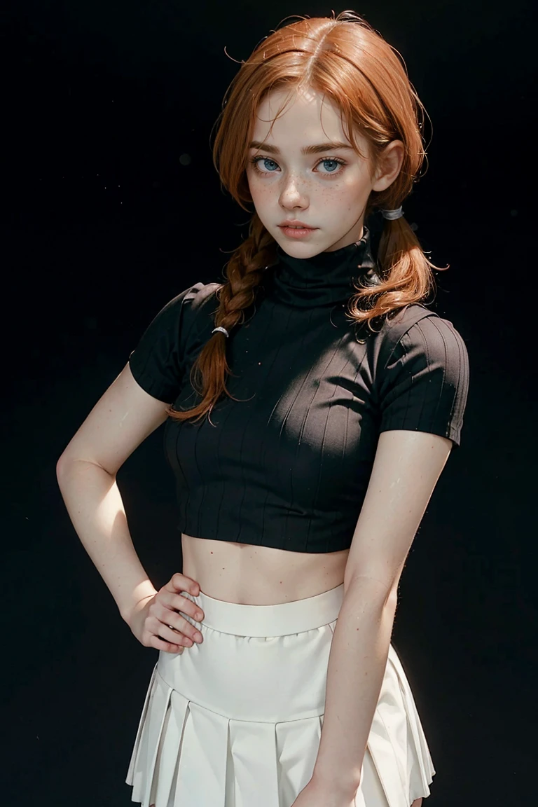1girl, ginger, freckled face, face freckles, rosy, contemptuous look, athletic body, 1 girl, solo, pigtails haircut,pale skin, (((huge bust))), stand sexy pose, beautiful, ((pleated skirt)), ((black turtleneck)), cold palette, simple background
