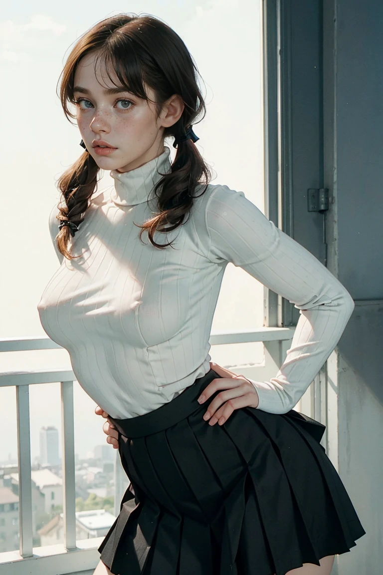1girl, ginger, freckled face, face freckles, rosy, contemptuous look, athletic body, 1 girl, solo, pigtails haircut,pale skin, (((huge bust))), stand sexy pose, beautiful, ((pleated skirt)), ((black turtleneck)), cold palette, simple background