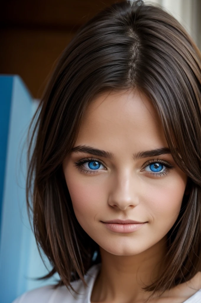 Une femme brune mignonne aux yeux bleu 