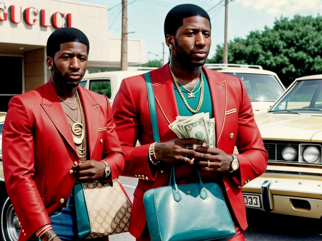 1970s photo of "Gucci Mane" wearing 70's attire holding a bag of cash, 