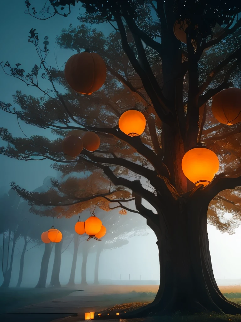 there is a tree with oranges growing on it in the fog, by Leng Mei, by Li Shixing, by Li Fangying, glowing pumpkins under a tree, gorgeous composition, by Li Tang, by Ren Xiong, by Cheng Jiasui, by Li Song, by Shang Xi, by Yan Liben, by Zou Zhe, by Dai Xi