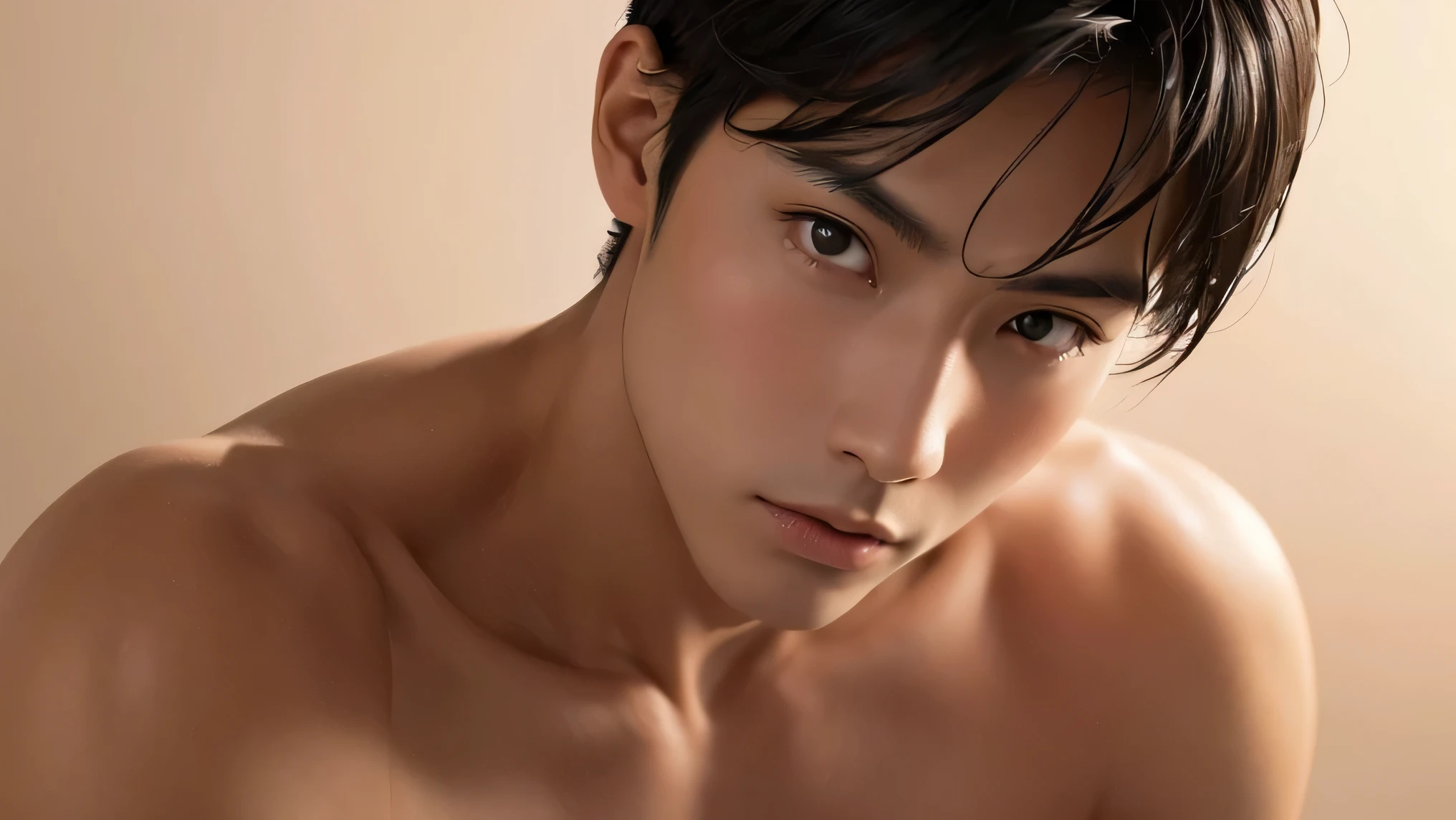 Handsome Japanese male model, 21 years old Black Hair short hair Short cut Face Staring straight into the camera with a stern look Beautiful Skin slim and muscular intense My eyes are watering blush Nude from the shoulders up no background No background face from the front Above the shoulder blade The whole head fits in