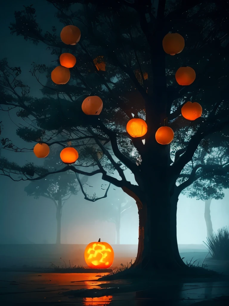 there is a tree with oranges growing on it in the fog, by Leng Mei, by Li Shixing, by Li Fangying, glowing pumpkins under a tree, gorgeous composition, by Li Tang, by Ren Xiong, by Cheng Jiasui, by Li Song, by Shang Xi, by Yan Liben, by Zou Zhe, by Dai Xi