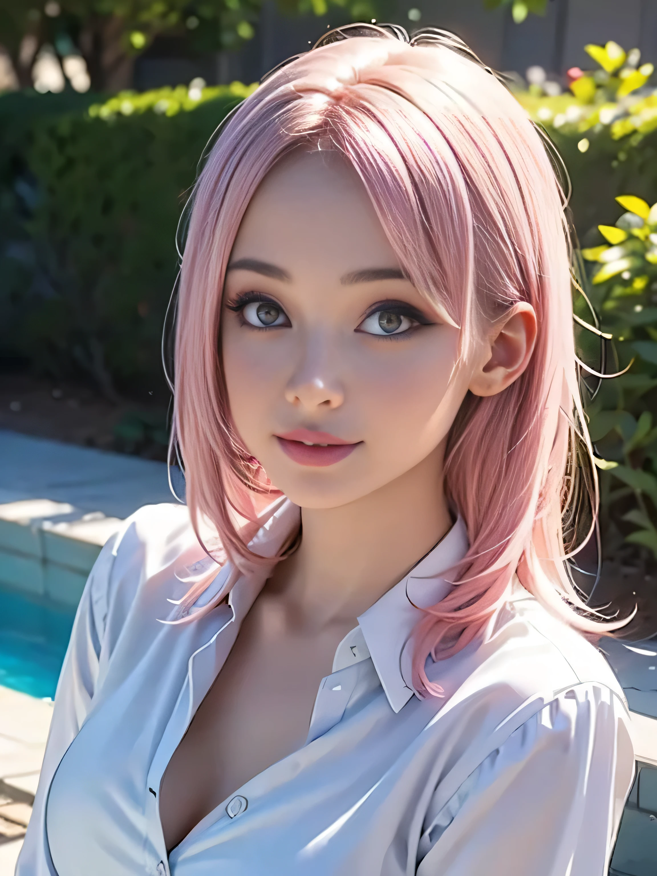 (photorealistic:1.5),(Realistic:1.5),(solo, one girl:1.5),(shine a bright light on women),(ultimate beautiful girl:1.5),(shiny skin),(oily skin),(platinum pink Hair:1.3),(use pink glossy lips),(sweet smelling girl),(virgin girl:2.0),chuuChloe,(cute:1.3),(relaxing time:1.5),(Sexy lips),(Rose Garden),(very large eyes:1.6),(animation face:1.5),(Pure:1.5),(Small breasts:1.3),(flat chest),(Sweet Smile:1.5),(formal shirt)