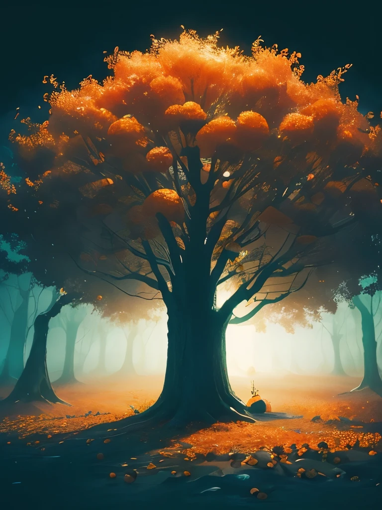 there is a tree with oranges growing on it in the fog, a matte painting by Leng Mei, flickr, conceptual art, glowing pumpkins under a tree, gorgeous composition, orange fog, mystical orange fog, beautiful autumn spirit, blue and orange tones, beautiful composition, vibrant but dreary orange, orange mist, ❤🔥🍄🌪, beautiful shot