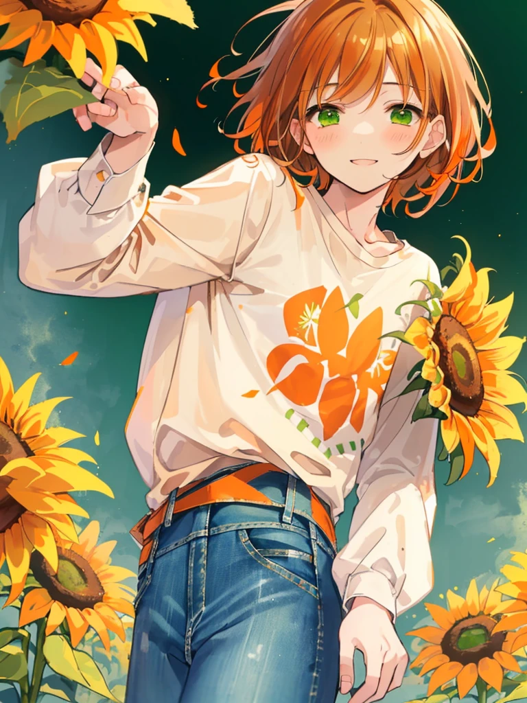 masterpiece、Highest quality、Super detailed、Very delicate、solo、One boy、1 male、(Orange brown hair:1.25),(Fluffy hair:1.2),(short hair:1.2),(Center parted bangs),sunflower,(Green Eyes:1.4),(blush)、smile,(Long sleeve shirt:1.25),(denim:1.35),