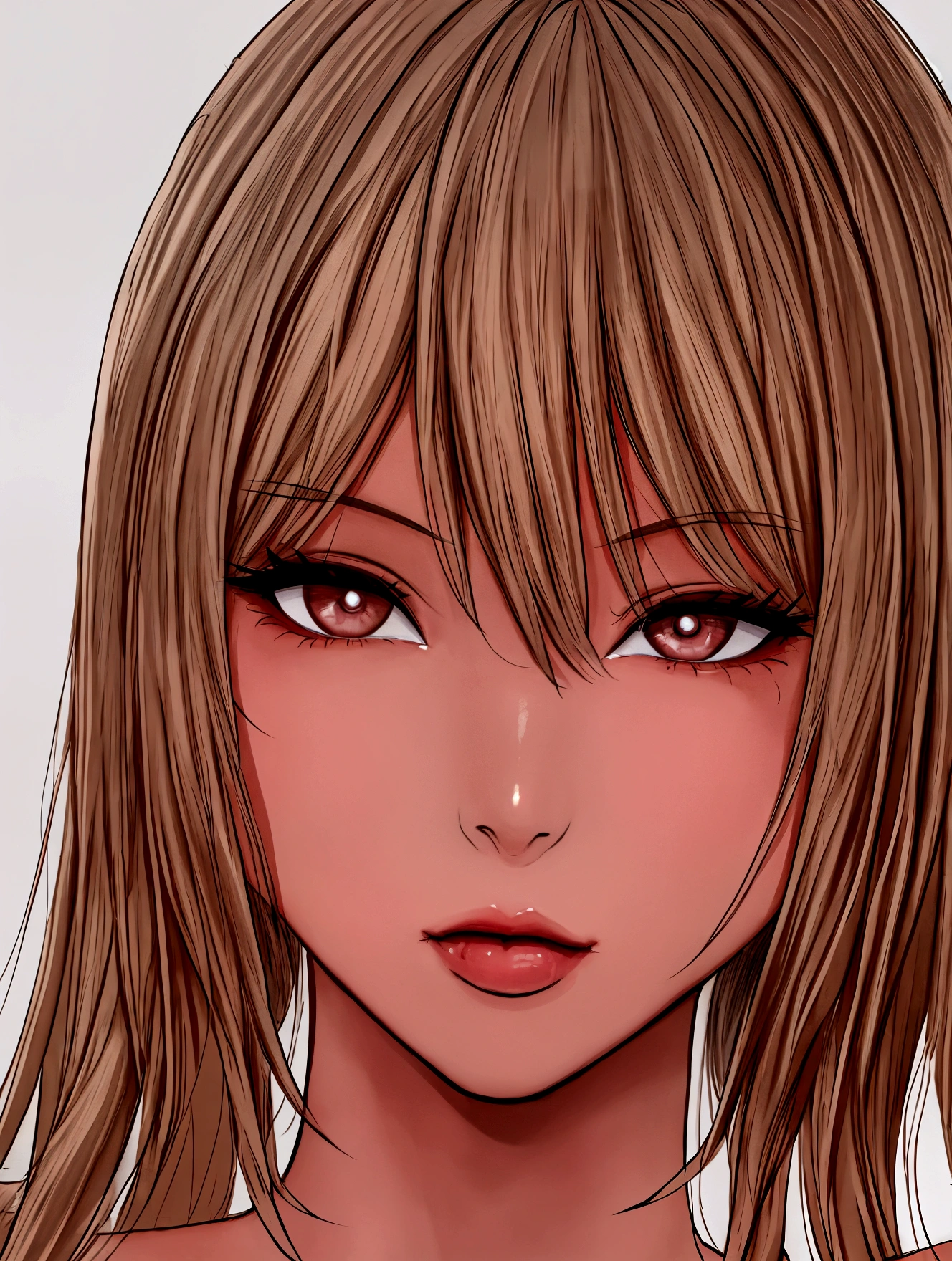 {8k image}, 1beautiful mature woman (MILF, tanned skin), 30 years old, blonde hair, Brown eyes, thin lips, pointed nose, upturned eyes, oval face, {looking directly at the viewer}, {facing forward}, {perfect anatomy}, {image focused only on the face and breats}, manga art style, extremely detailed lineart, manga Splash page, vivid colors