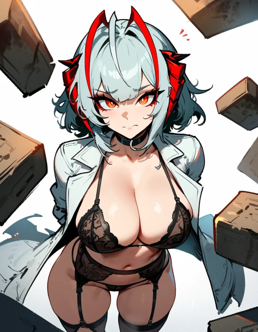 1girl, W \(arknights\), arknights \\\\\ masterpiece, best quality, very aesthetic, absurdres, newest \\\\\\ slim body,///// ,by nyantcha,cutesexyrobutts , by khyle,,////// ,,solo,, , ,,detailed face, , ,, , , , , beautiful face, (white background:1.2), , sexy, , orange eyes, , , rating:nsfw,,big tits,), in the center of the frame,,short hair, ,lingerie garter belt,, black openwork bra, wears a lab coat, arms on hips