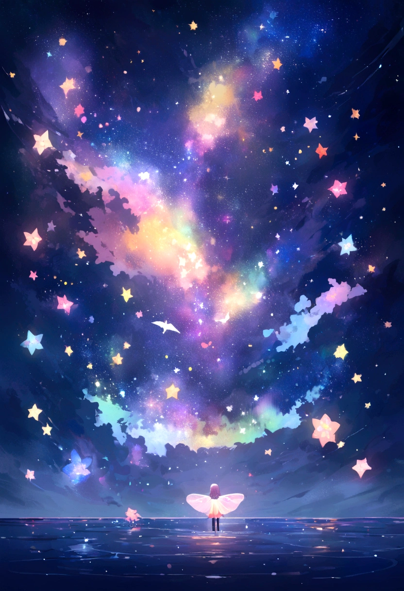 Cute girl characters、Describes a large wide scene with grassy butterflies lying on the water flying around, Looking up at the starry sky. Surround her with colorful nebulae and her favorite constellations.