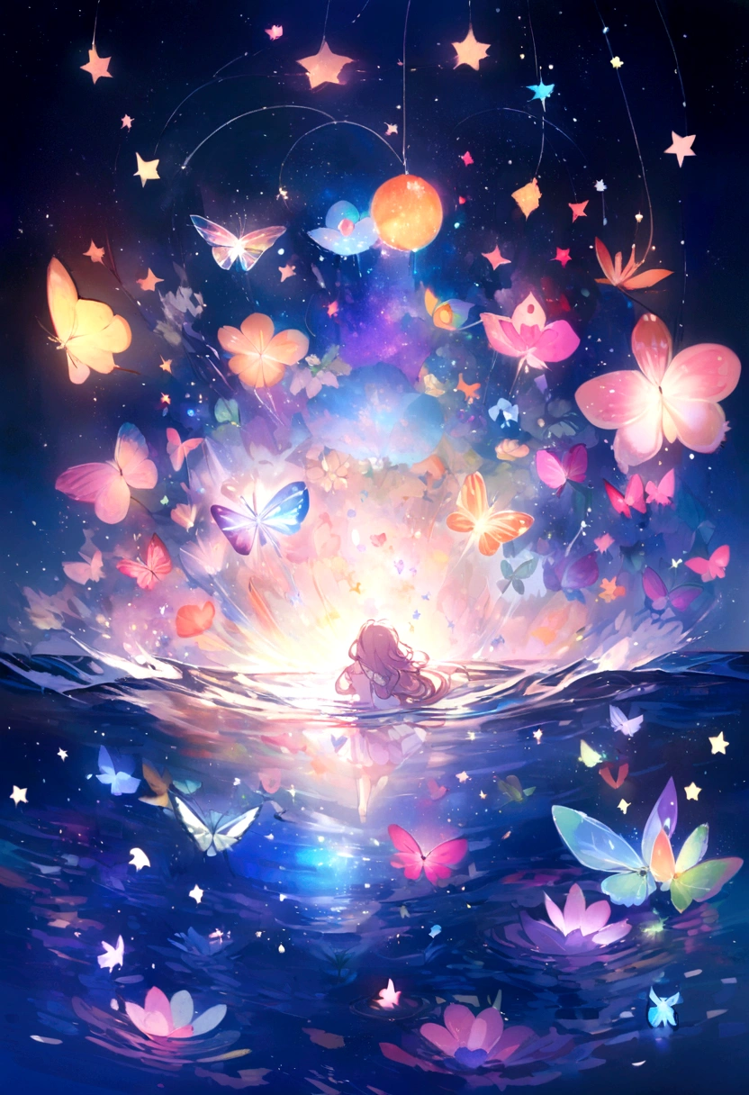 Cute girl characters、Describes a large wide scene with grassy butterflies lying on the water flying around, Looking up at the starry sky. Surround her with colorful nebulae and her favorite constellations.