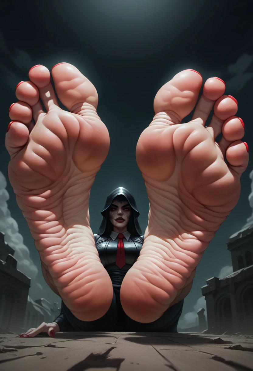 Giant feet soles and toes, red toesnail, black and red backfround, the ground was made of dark water, ultra detailed, wrinkled soles, dirty soles, no character. Masterpiece, 4k, low-angle view