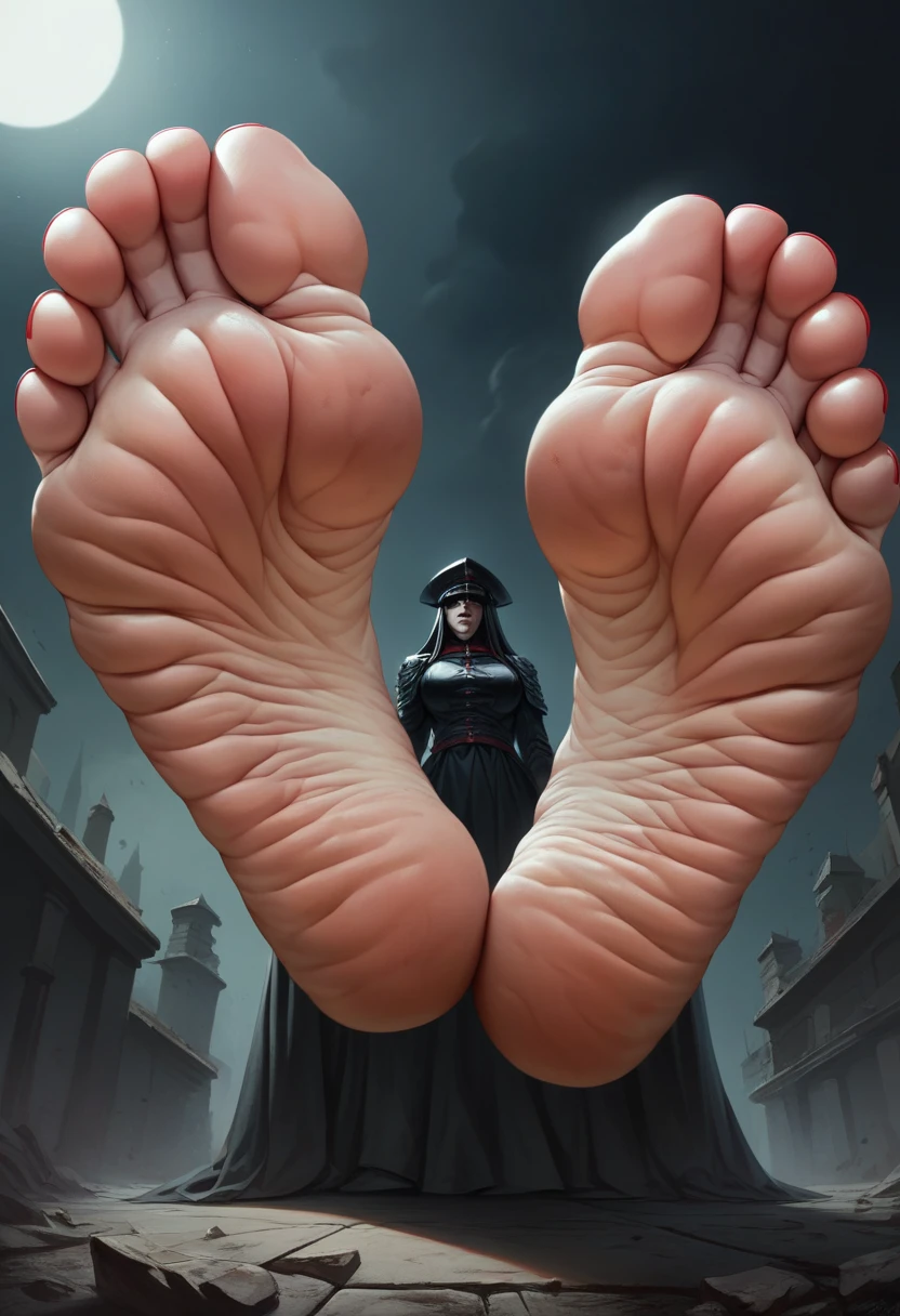 Giant feet soles and toes, red toesnail, black and red backfround, the ground was made of dark water, ultra detailed, wrinkled soles, dirty soles, no character. Masterpiece, 4k, low-angle view