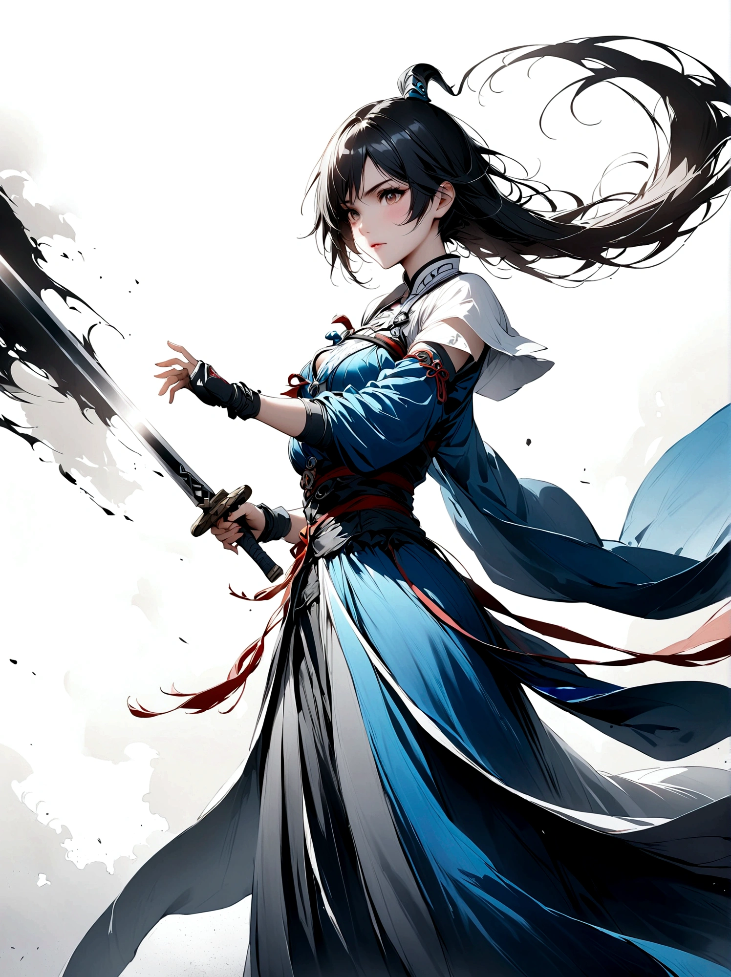 Artistic ink painting,Three-dimensional ink painting,Minimalism,Minimalist graphics,Minimal Art,Anime girl holding a sword,whole body,Chinese style,antiquity,Ink Painting,Blue robe,Black long hair,Black and white background,古韵White Space,White Space,大面积White Space,Texture Matte,Low saturation,Minimalist composition,Master composition