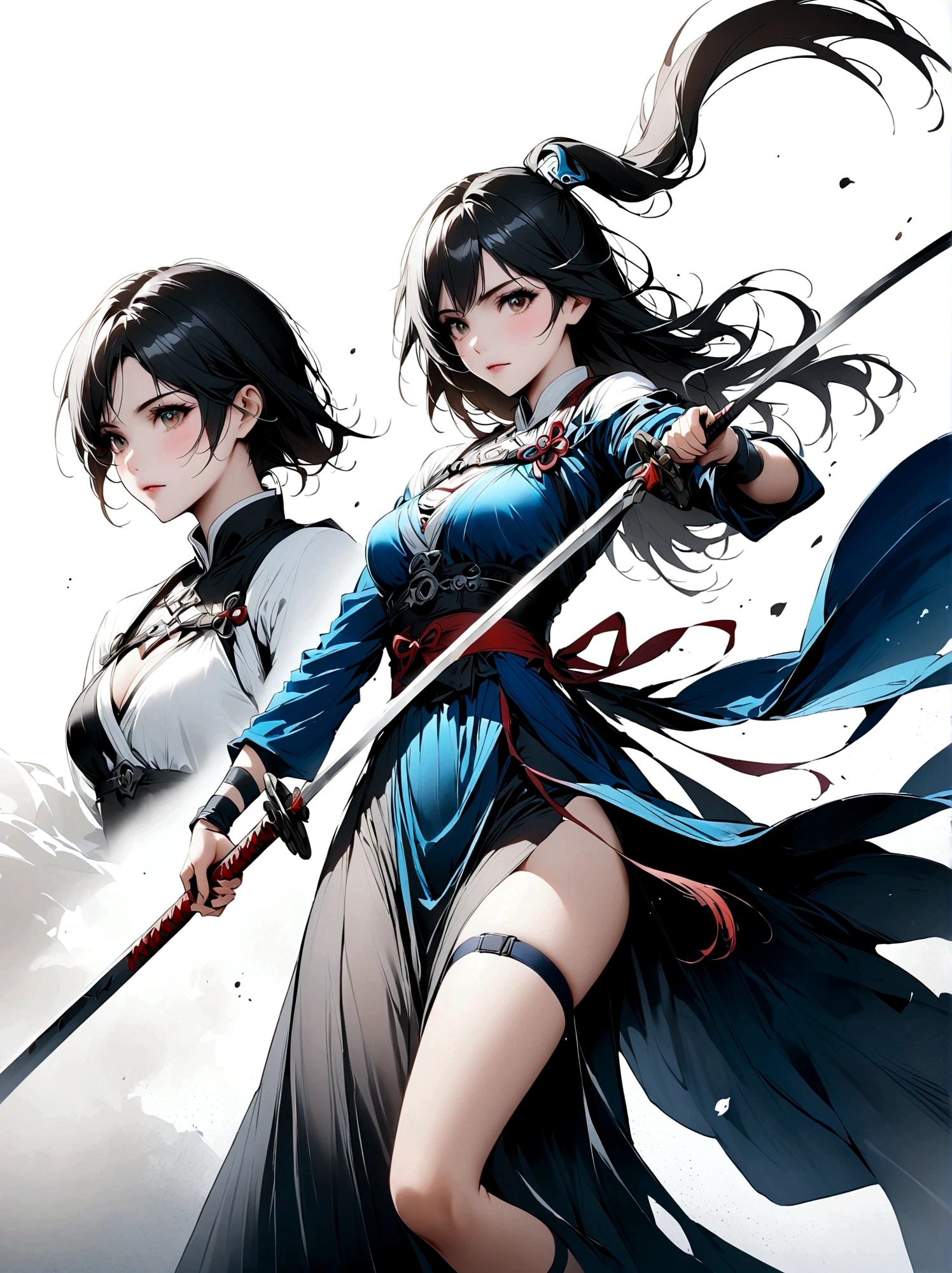 Artistic ink painting,Three-dimensional ink painting,Minimalism,Minimalist graphics,Minimal Art,Anime girl holding a sword,whole body,Chinese style,antiquity,Ink Painting,Blue robe,Black long hair,Black and white background,古韵White Space,White Space,大面积White Space,Texture Matte,Low saturation,Minimalist composition,Master composition