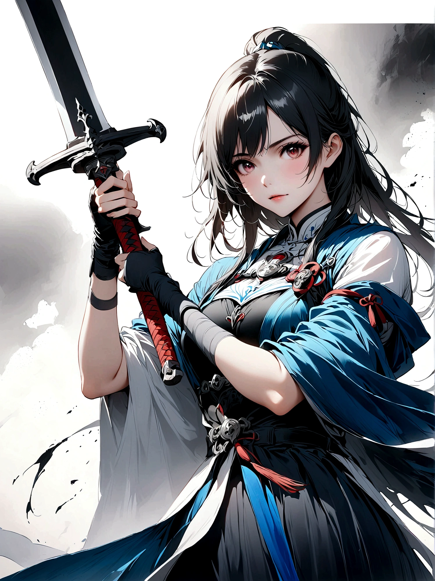 Artistic ink painting，Three-dimensional ink painting，Minimalism，Minimalist graphics，Minimal Art，Anime girl holding a sword，whole body，Chinese style，antiquity，Ink Painting，Blue robe，Black long hair，Black and white background，古韵White Space，White Space，大面积White Space，Texture Matte，Low saturation，Minimalist composition，Master composition