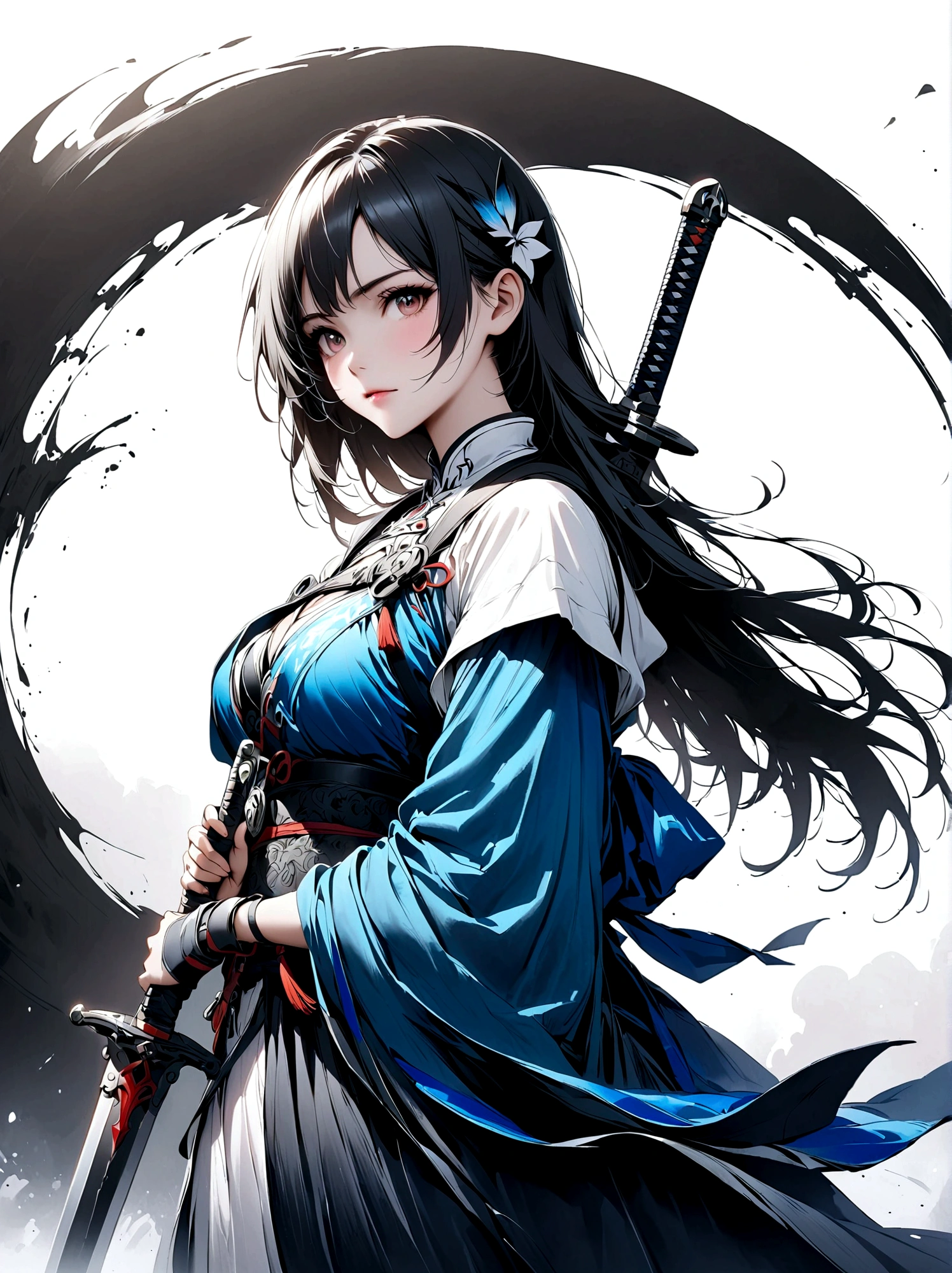 Artistic ink painting，Three-dimensional ink painting，Minimalism，Minimalist graphics，Minimal Art，Anime girl holding a sword，whole body，Chinese style，antiquity，Ink Painting，Blue robe，Black long hair，Black and white background，古韵White Space，White Space，大面积White Space，Texture Matte，Low saturation，Minimalist composition，Master composition