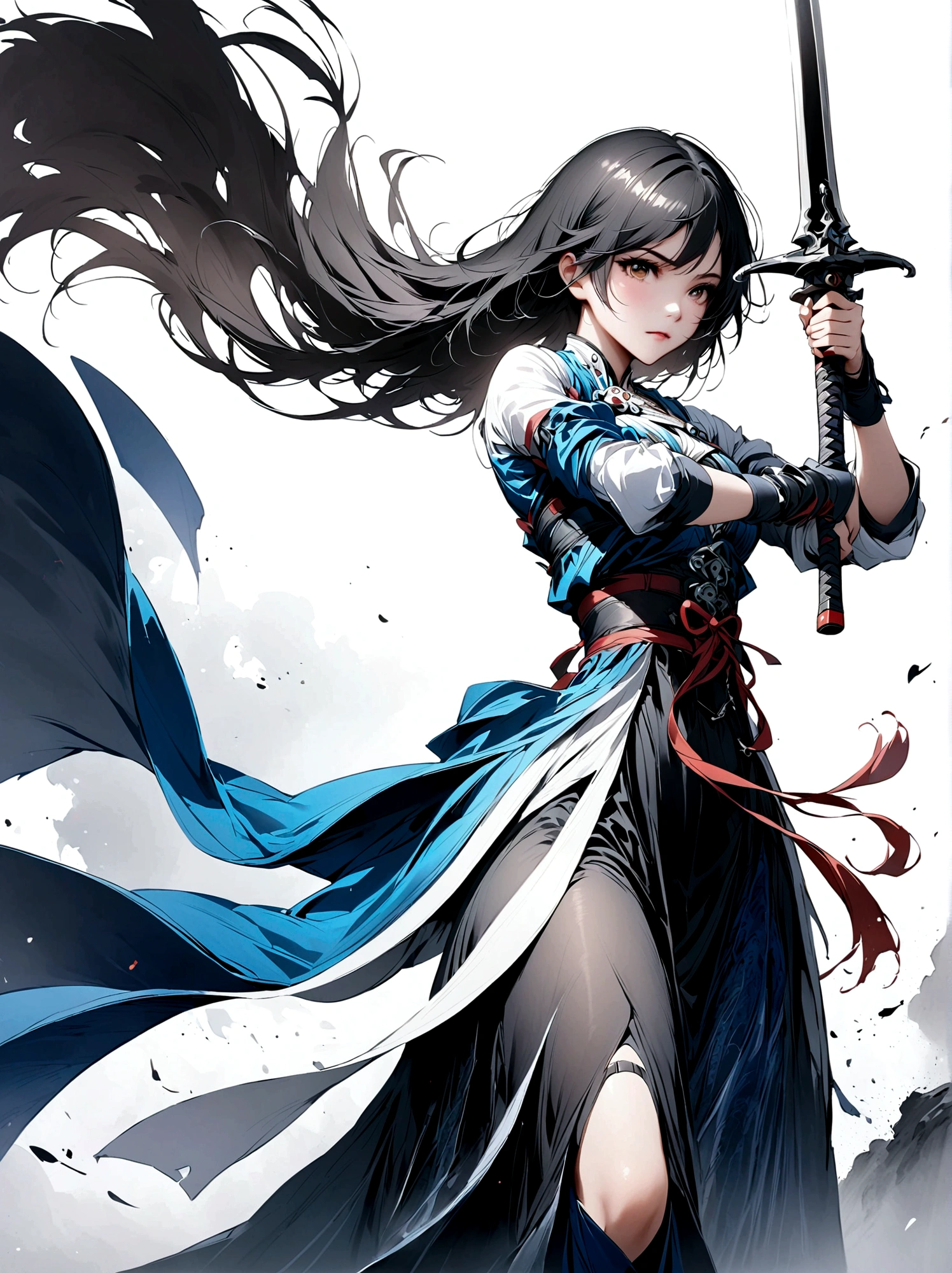 Artistic ink painting，Three-dimensional ink painting，Minimalism，Minimalist graphics，Minimal Art，Anime girl holding a sword，whole body，Chinese style，antiquity，Ink Painting，Blue robe，Black long hair，Black and white background，古韵White Space，White Space，大面积White Space，Texture Matte，Low saturation，Minimalist composition，Master composition