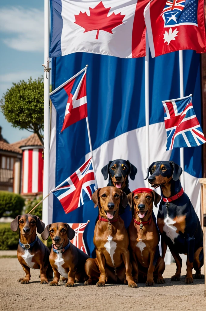 o con la cámara
7 clowns doing their thing, each one with a hat that contains the colors of these 7 flags: Great Britain, Canada, France, Germany, Italy, Japan and the United States. A dachshund standing on a ball from Argentina