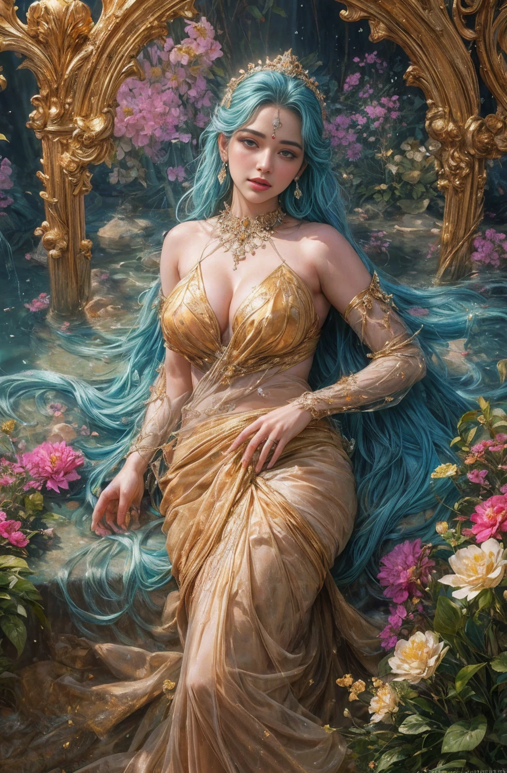 Concept art of the character, mermaid of the lost lakes, magical, woven from bubbles,botany, ephemeral, freshwater pearls, silk, algae, peach shades, Fatin,crystal, transparently,a mystic,mother-of-pearl overflows, Octane render, glitter, glow, drops, flowers, Digital Graphics, full body shot, full body, best quality,32k high res, masterpiece, ultra-detailed, realistic,photorealistic,photo-realistic:1.37, beautiful face, cute face mesh, pretty face mesh, sharpen, detailed face, detailed eyes, detailed lips, fair skin, realistic textures:1.3, detailed skin texture, cinematic shot, atmospheric lighting, Photorealistic, Hyperrealistic, Hyperdetailed, detailed saturated skin, soft lighting, subsurface scattering, centre composition, 8k, golden ratio, Intricate, award winning photography, soft focus, dynamic abstract background, 20 years old, beautiful Indian babe:1.1, realistic full body beautiful indian woman in a bed of flowers in saree, yellow with black flowers on it perky breasts, cleavage, moist cloud.