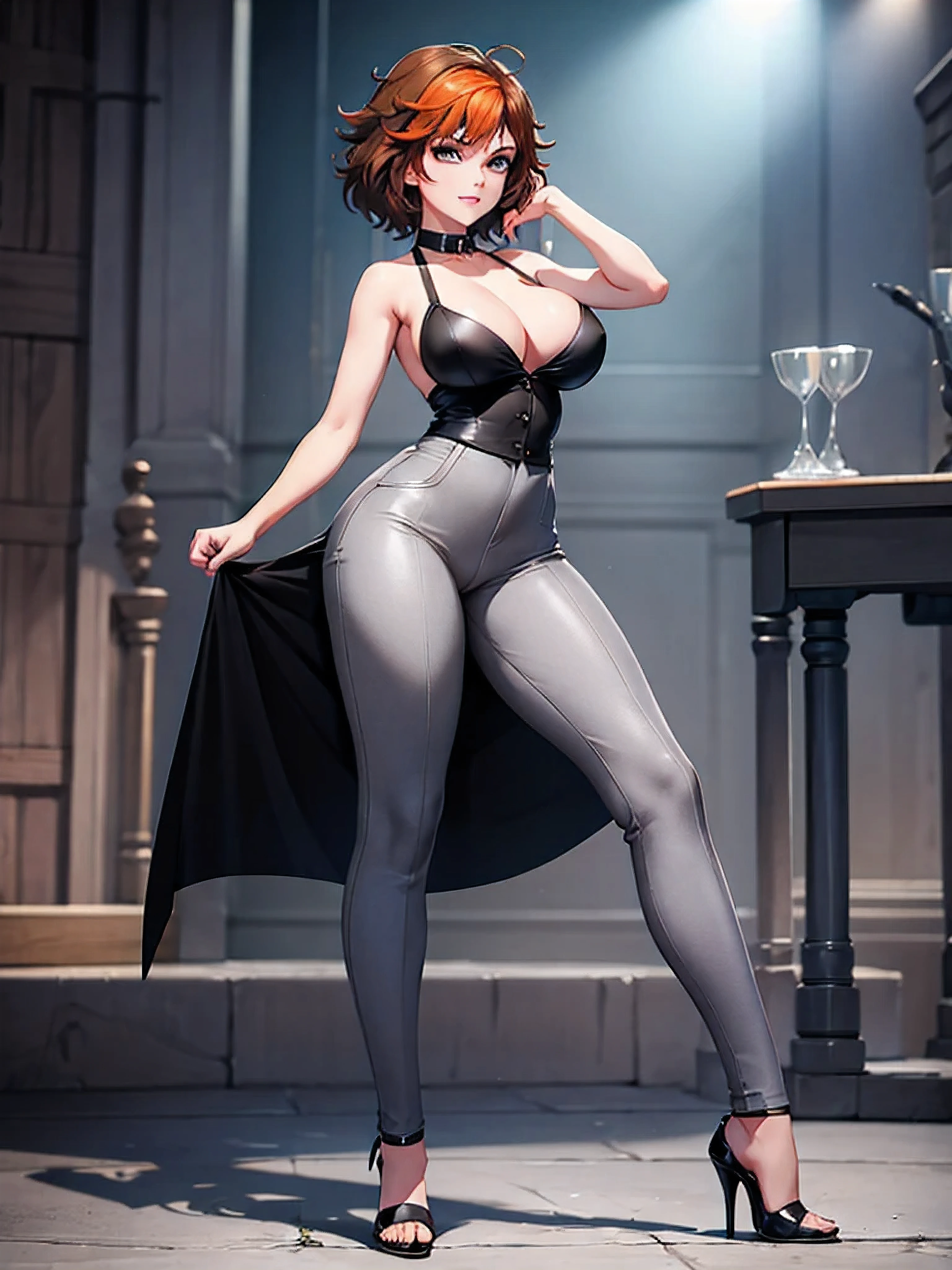 merula, full body, thighs, high heels, solo girl, medium tits, light grey with black points bell pants