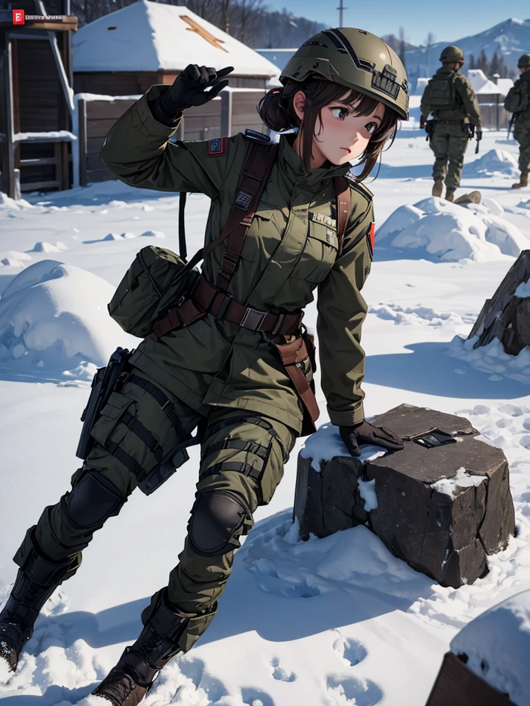 A female soldier wearing a helmet、Wearing a dark brown military coat、Individual equipment set、whole body、Snowy military camp、Write details、masterpiece、best quality、Highly detailed CG、8K picture quality