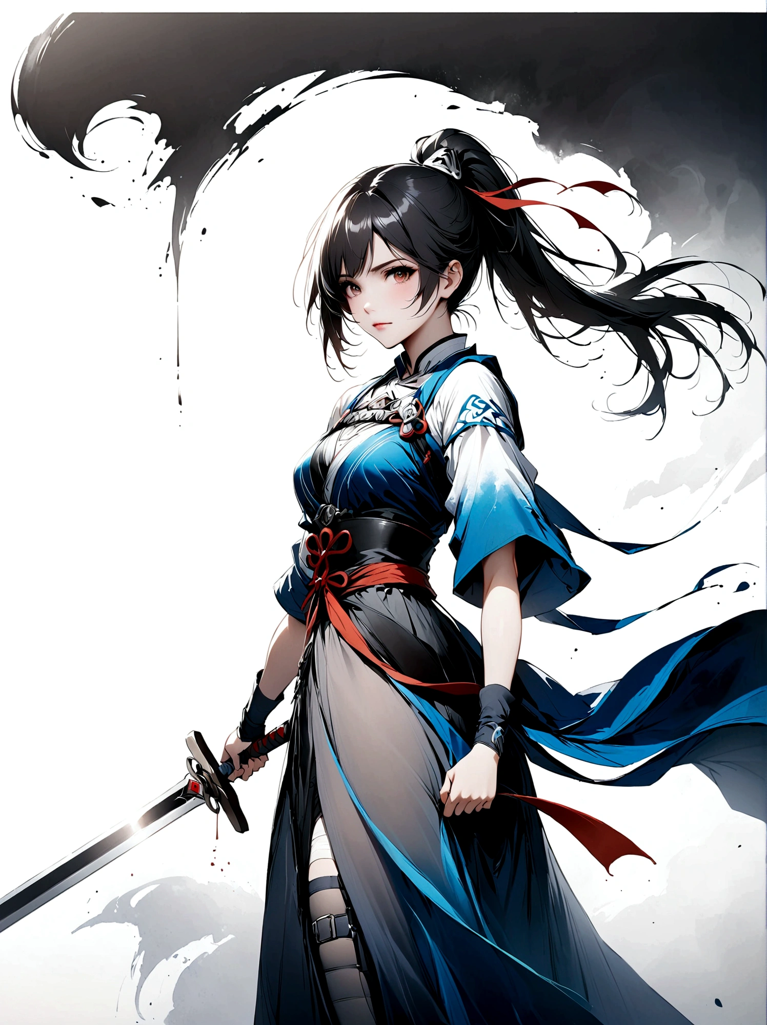 Artistic ink painting，Three-dimensional ink painting，Minimalism，Minimalist graphics，Minimal Art，Anime girl holding a sword，whole body，Chinese style，antiquity，Ink Painting，Blue robe，Black long hair，Black and white background，古韵White Space，White Space，大面积White Space，Texture Matte，Low saturation，Minimalist composition，Master composition