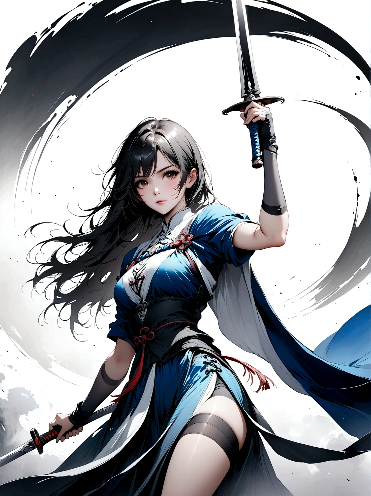 Artistic ink painting,Three-dimensional ink painting,Minimalism,Minimalist graphics,Minimal Art,Anime girl holding a sword,whole body,Chinese style,antiquity,Ink Painting,Blue robe,Black long hair,Black and white background,古韵White Space,White Space,大面积White Space,Texture Matte,Low saturation,Minimalist composition,Master composition