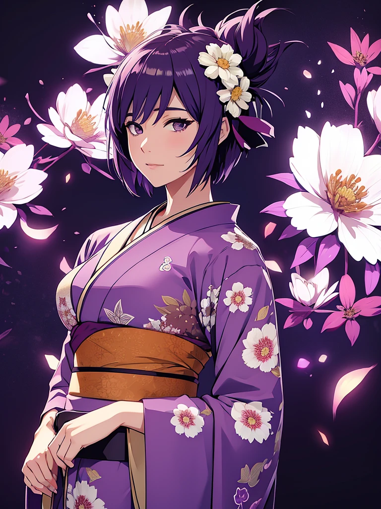 1women, wearing a long kimono, Japanese kimono with flower art, at a japan city, , purple colour short hair, 8k, high detailed, high quality
