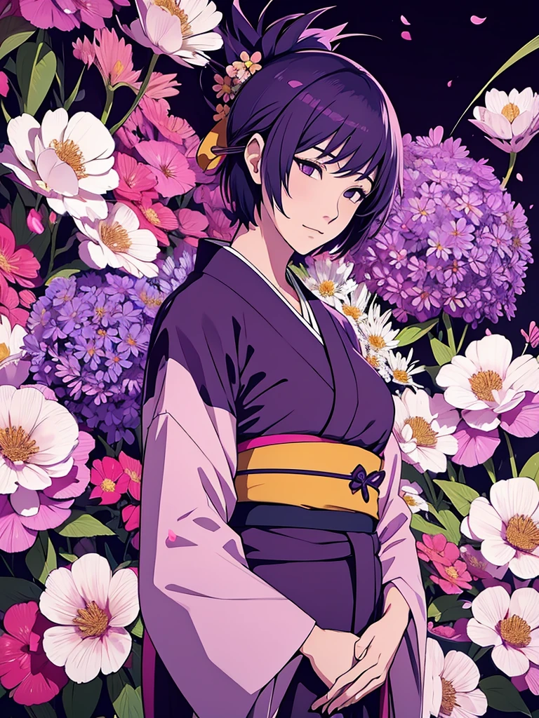 1women, wearing a long kimono, Japanese kimono with flower art, at a japan city, , purple colour short hair, 8k, high detailed, high quality
