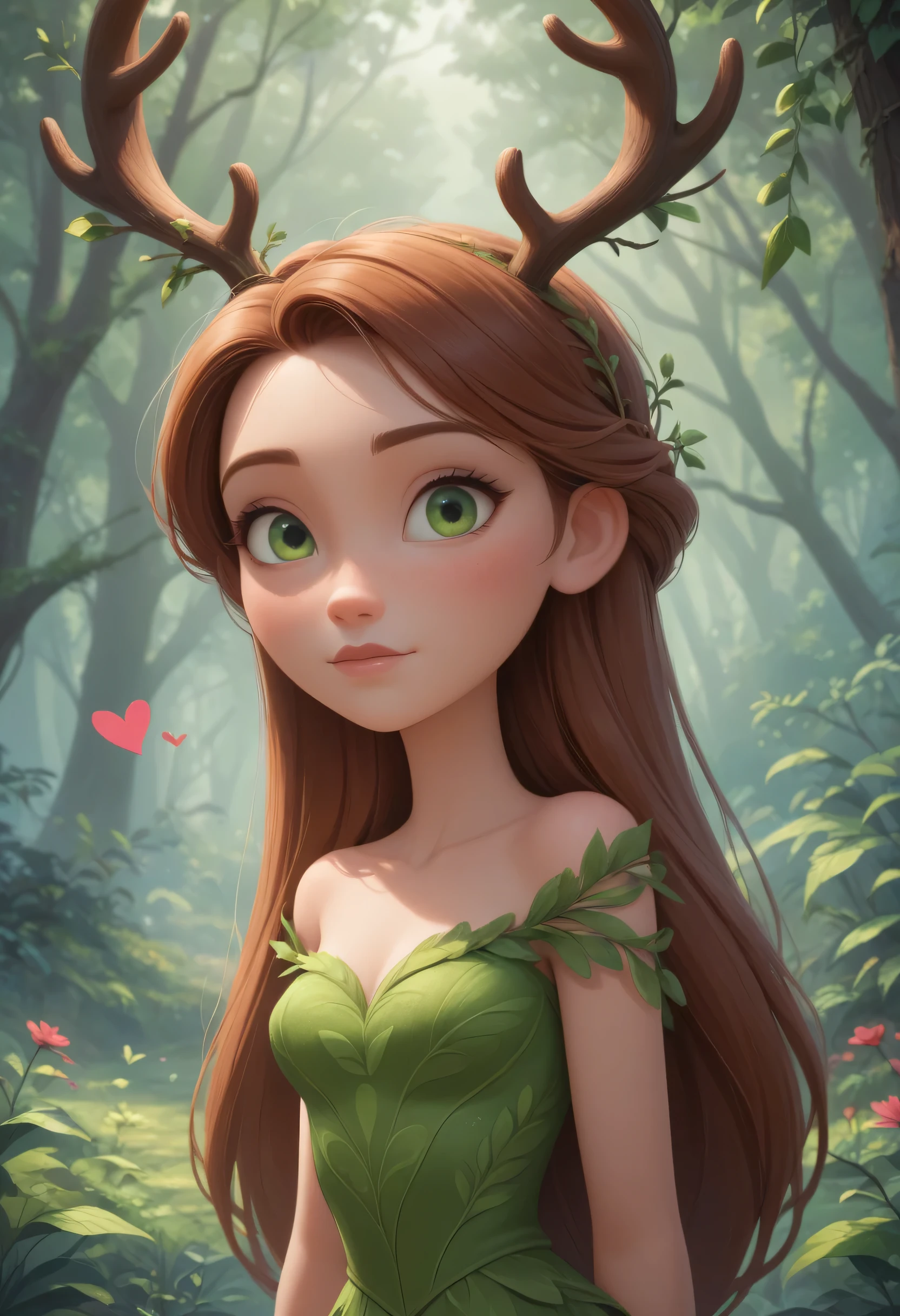 score_9, score_8_up, score_7_up, 1 girl, long hair, brown hair, tilted angle, hearts, female focus, antlers, dryad, nature, concept art, green eyes , expressiveH, disney pixar style