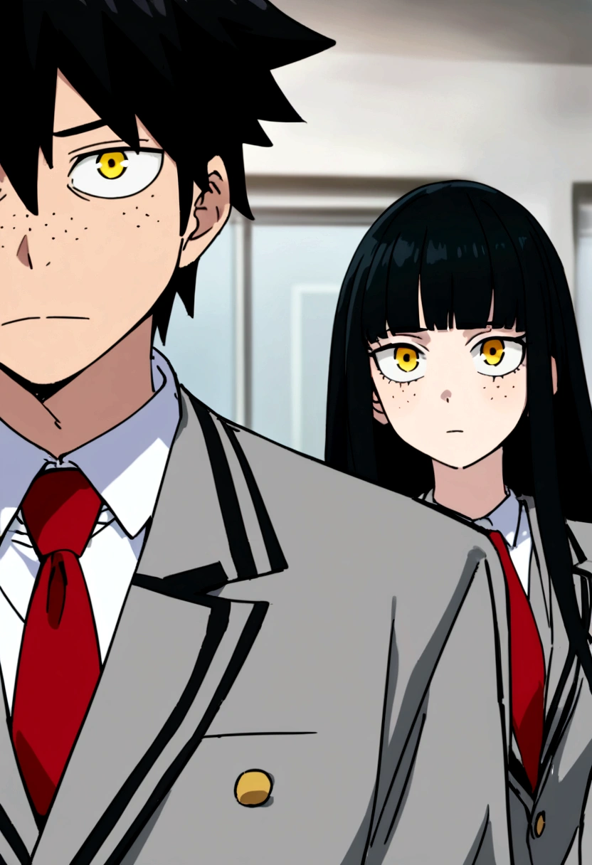 screenshot my hero academy. girl long black hair with bangs and some blue strands. Intense yellow eyes with freckles, an expression of tranquility. He wears a U.A uniform, a gray jacket and a red tie, in the background of a school environment.